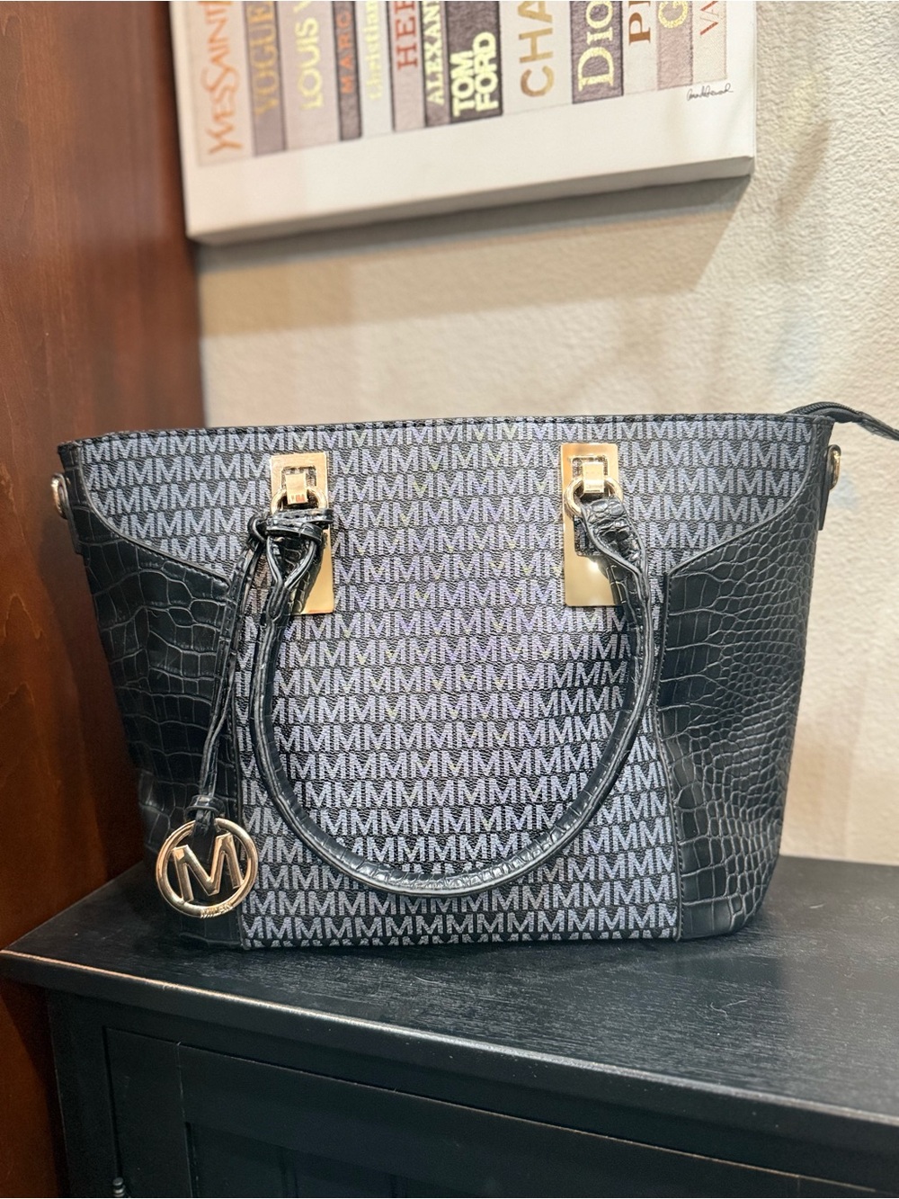 Milan Monogram Black Tote Handbag with Gold Accents